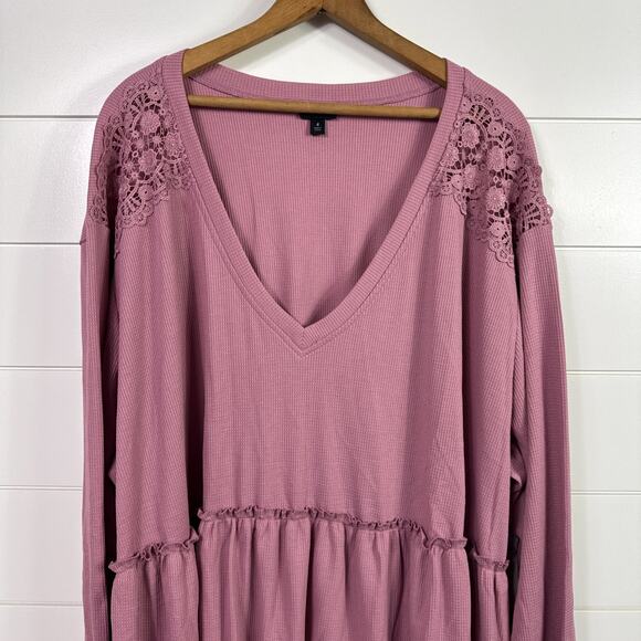 Torrid Knit V-Neck Lace Long Sleeve Waffle Thermal Babydoll Shirt Purple sz 4 - Picture 2 of 8